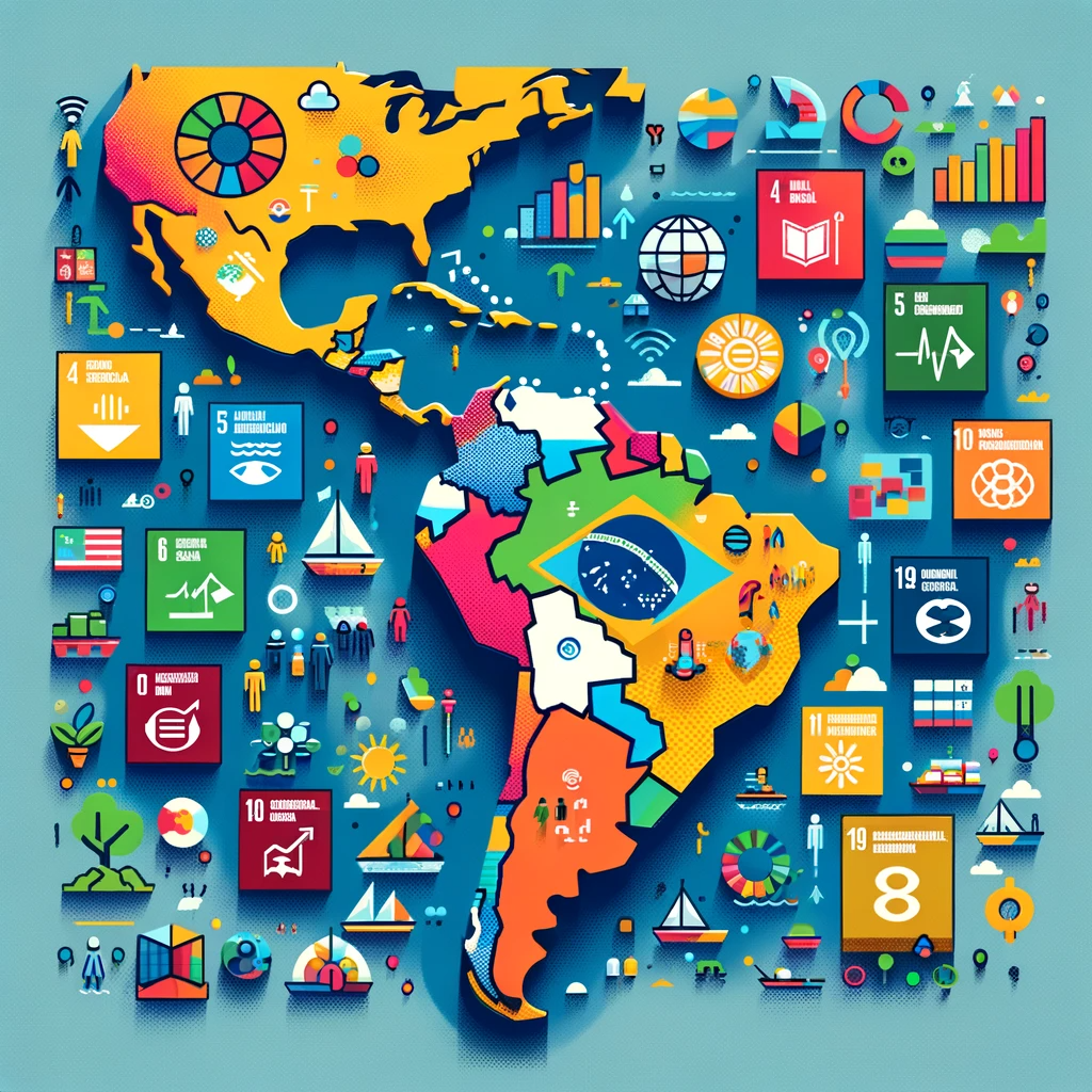 DALL·E 2023 11 29 11.00.29 An Illustration Representing Latin Americas Progress And Challenges In Achieving Sustainable Development Goals. The Image Depicts A Map Of Latin Amer 